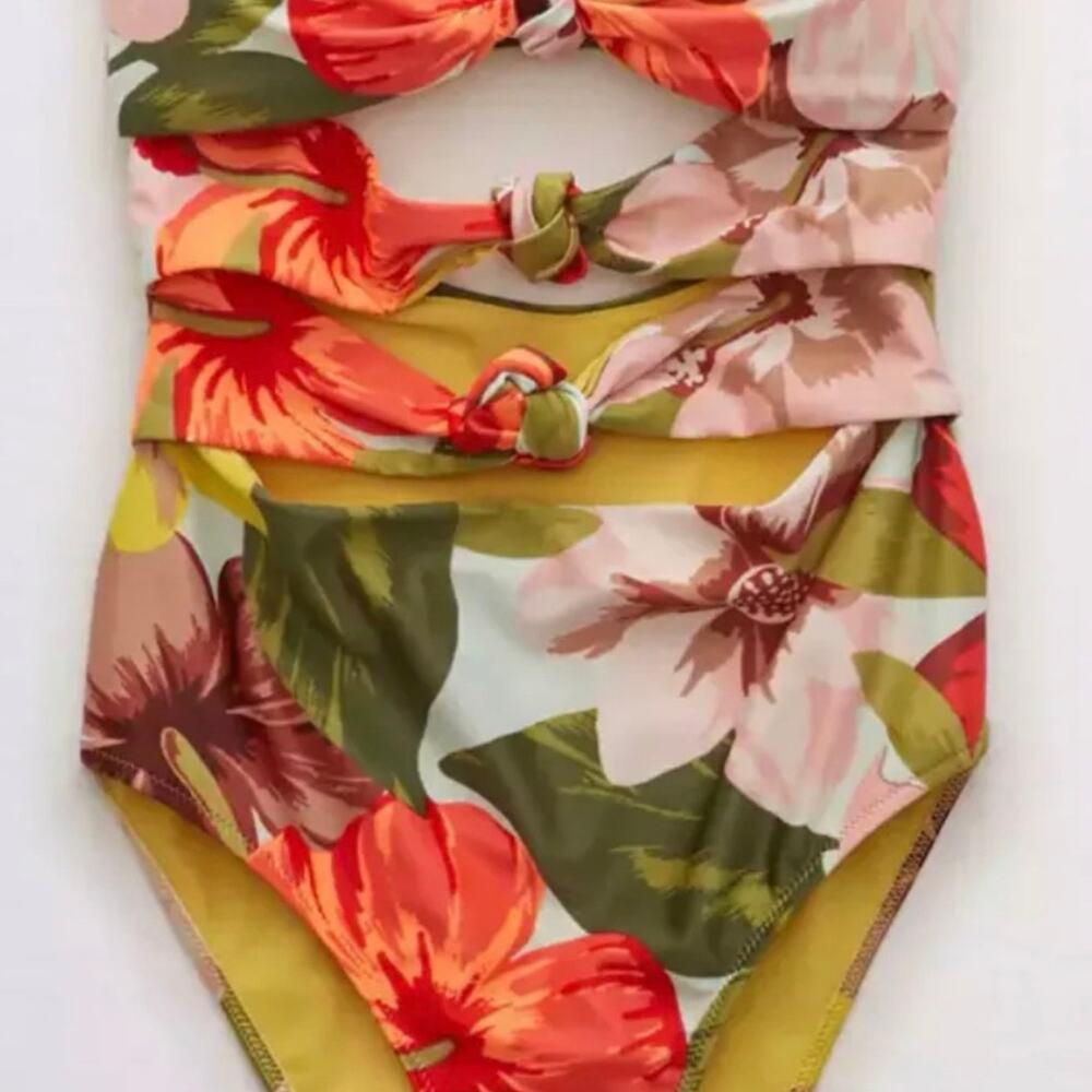 Aerie Floral Cutout One Piece Swimsuit | Triple Knot Front | Tropical Print - S